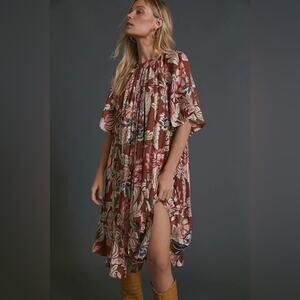 Anthropologie Leandra Pleated Midi Dress Brown Floral NWT XS